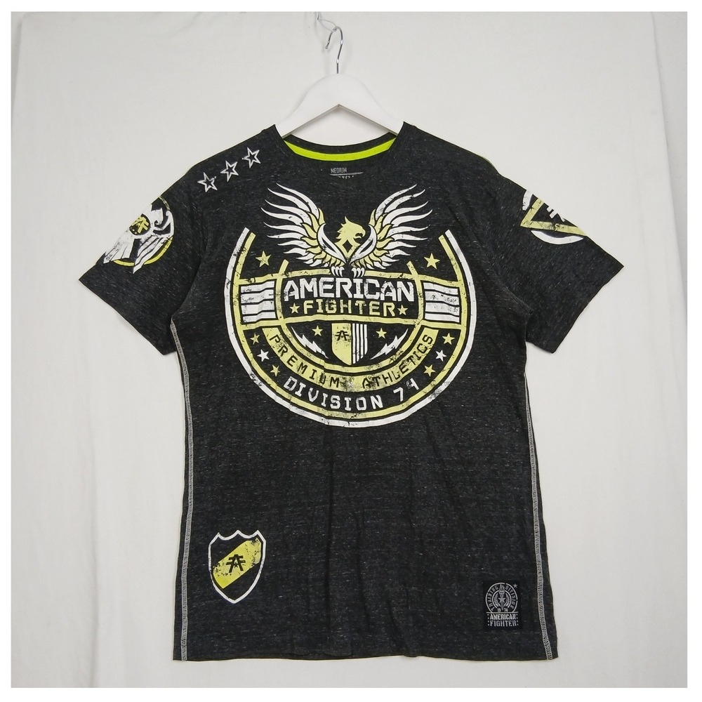 American Fighter Mens Division 74 Graphic T-Shirt Charcoal Grey Neon Yellow M